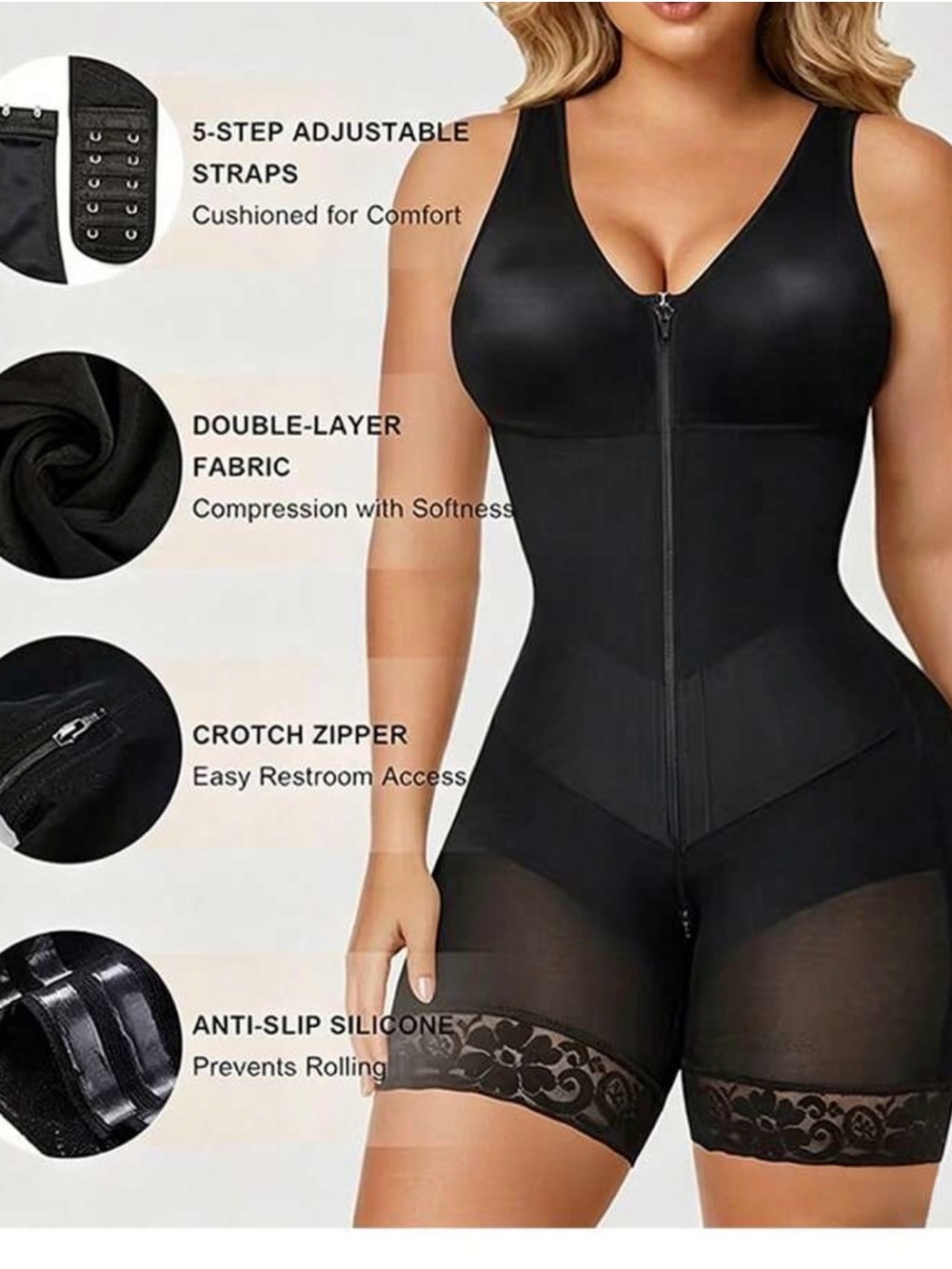 Yianna Black Shaping Bodysuit with Zipper and V tummy control